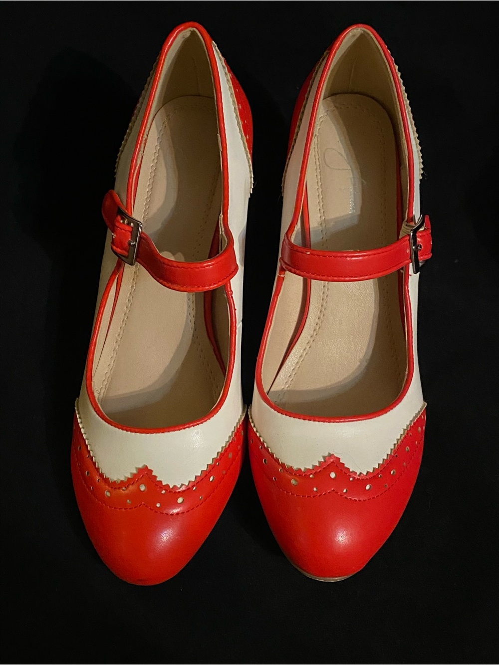 J. Adams Kym Mary Jane vegan pumps in red and cream,